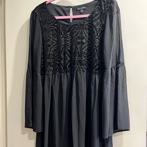 Women’s black long sleeve chiffon mini dress with velvet detail
